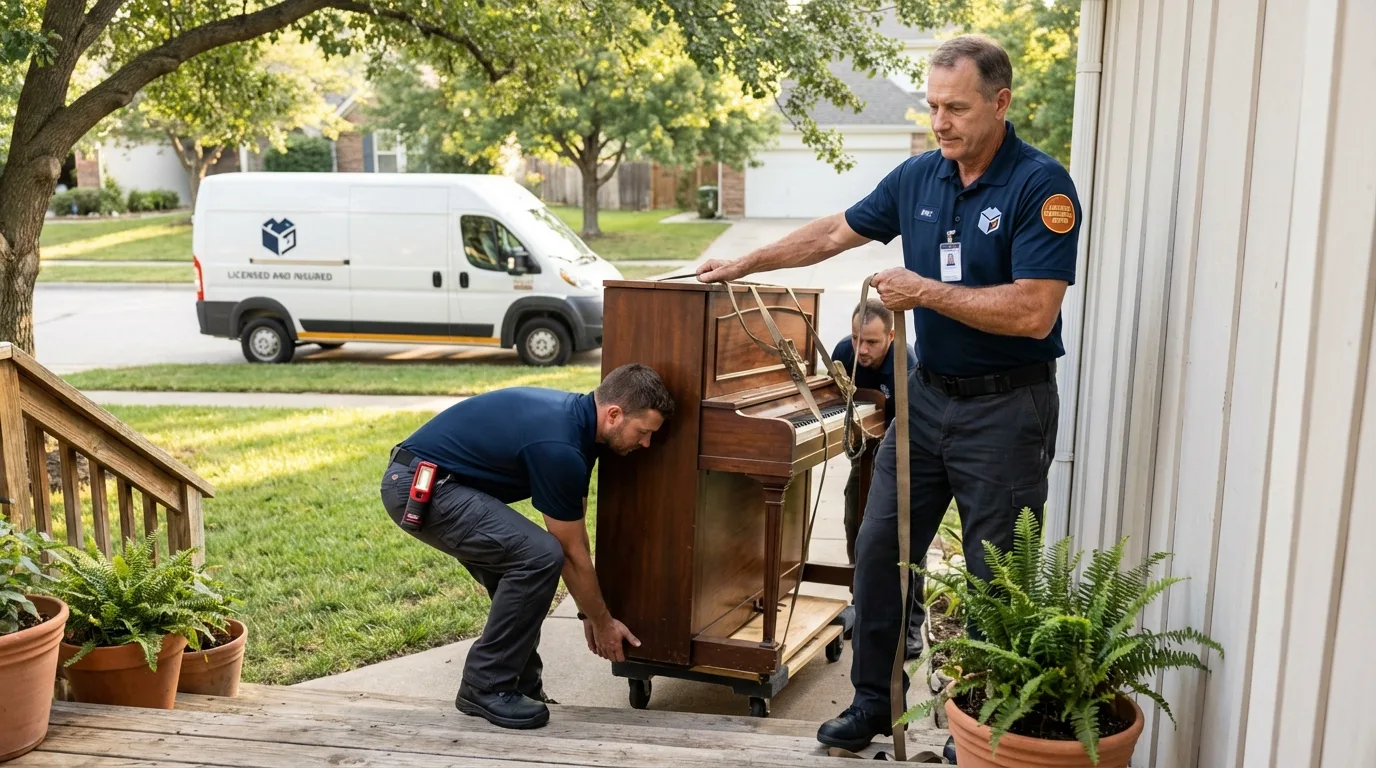 Licensed piano movers securing grand piano in Spring Park, MN