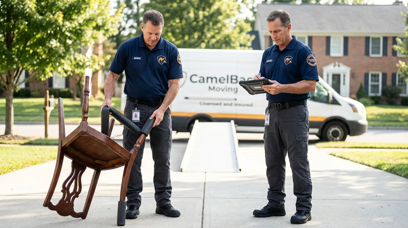 Movers inspecting furniture for damage prevention before loading in Spring Park, MN