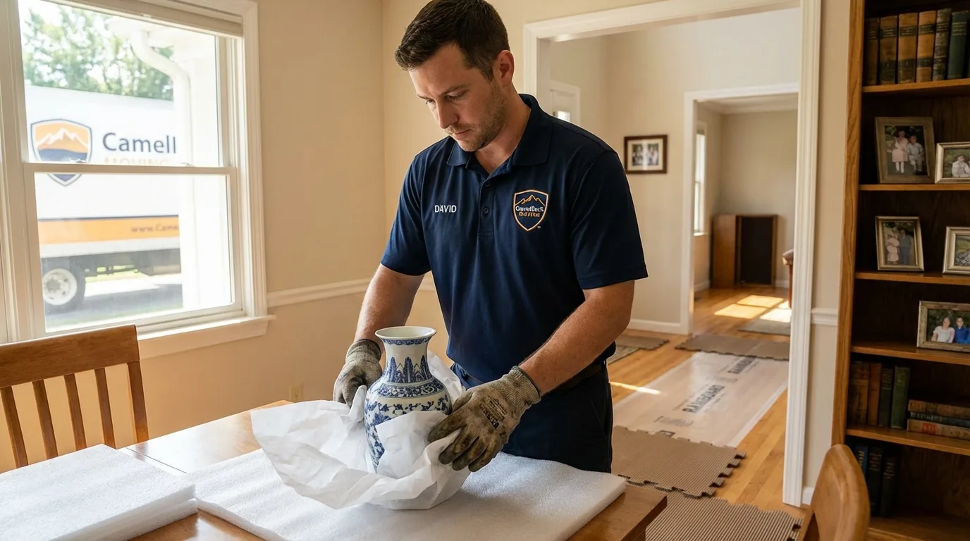 Professional crew carefully wrapping antique vase for senior downsizing move in Spring Park, MN